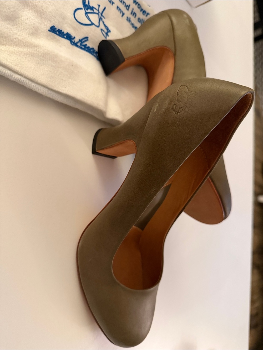 John Fluevog Olive Green Round-Toe Leather Heels